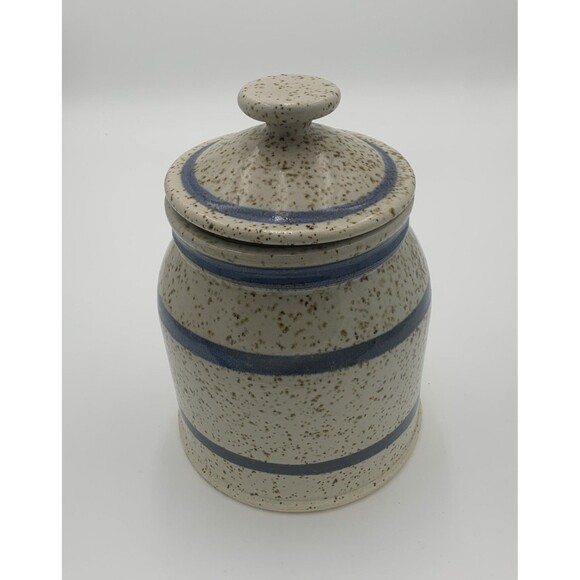 Vintage Art Pottery Sugar Jar with Lid white and blue strapes with brown dots - Picture 2 of 10